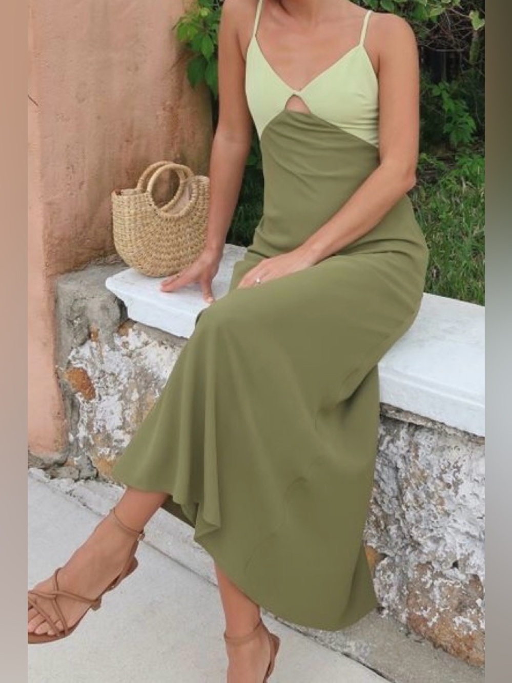 Abercrombie & Fitch Two-Tone Olive Maxi Slip Dress